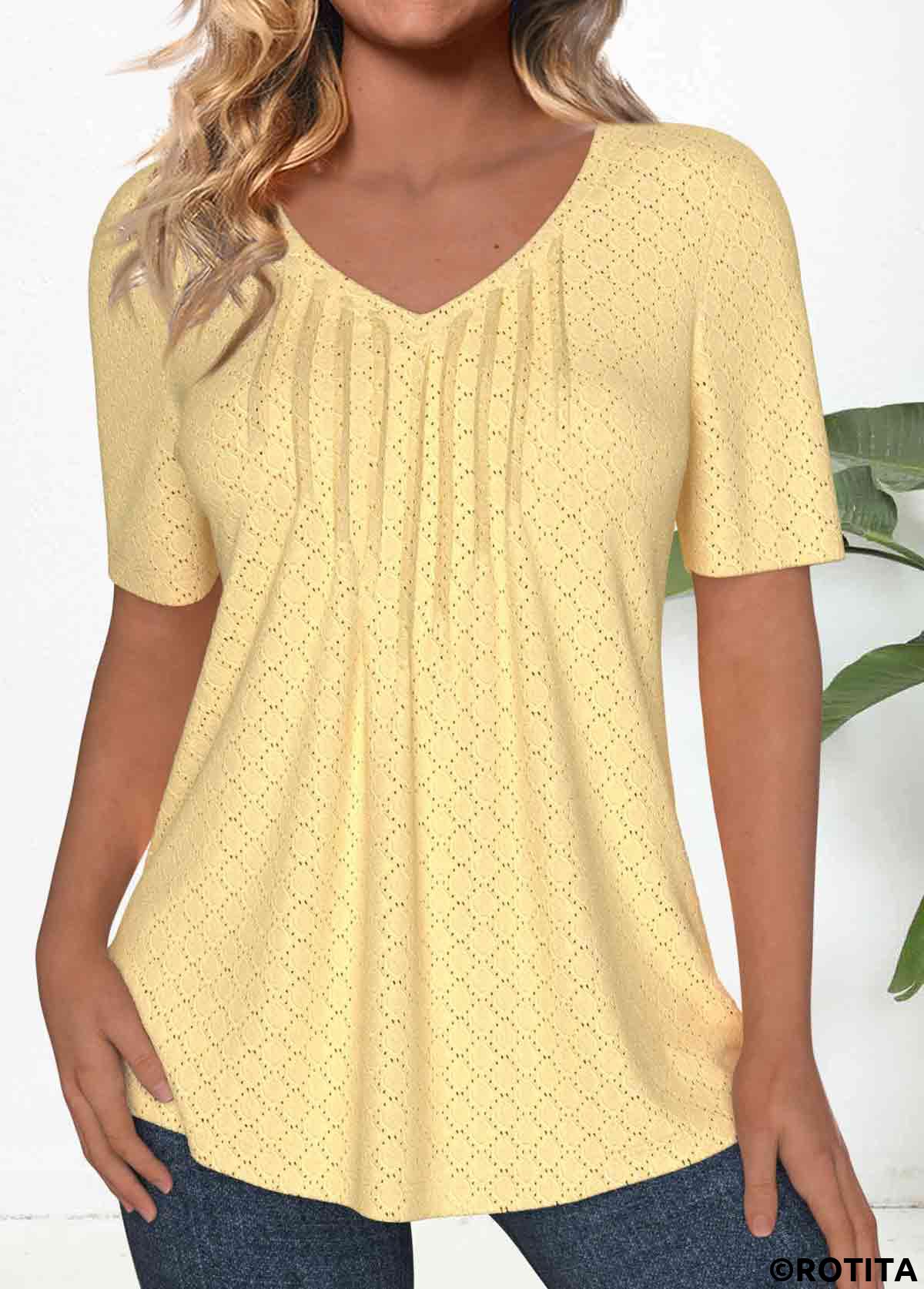 Light Yellow tops,Plain Color tops,ROTITA Textured Fabric Light Yellow V Neck T Shirt