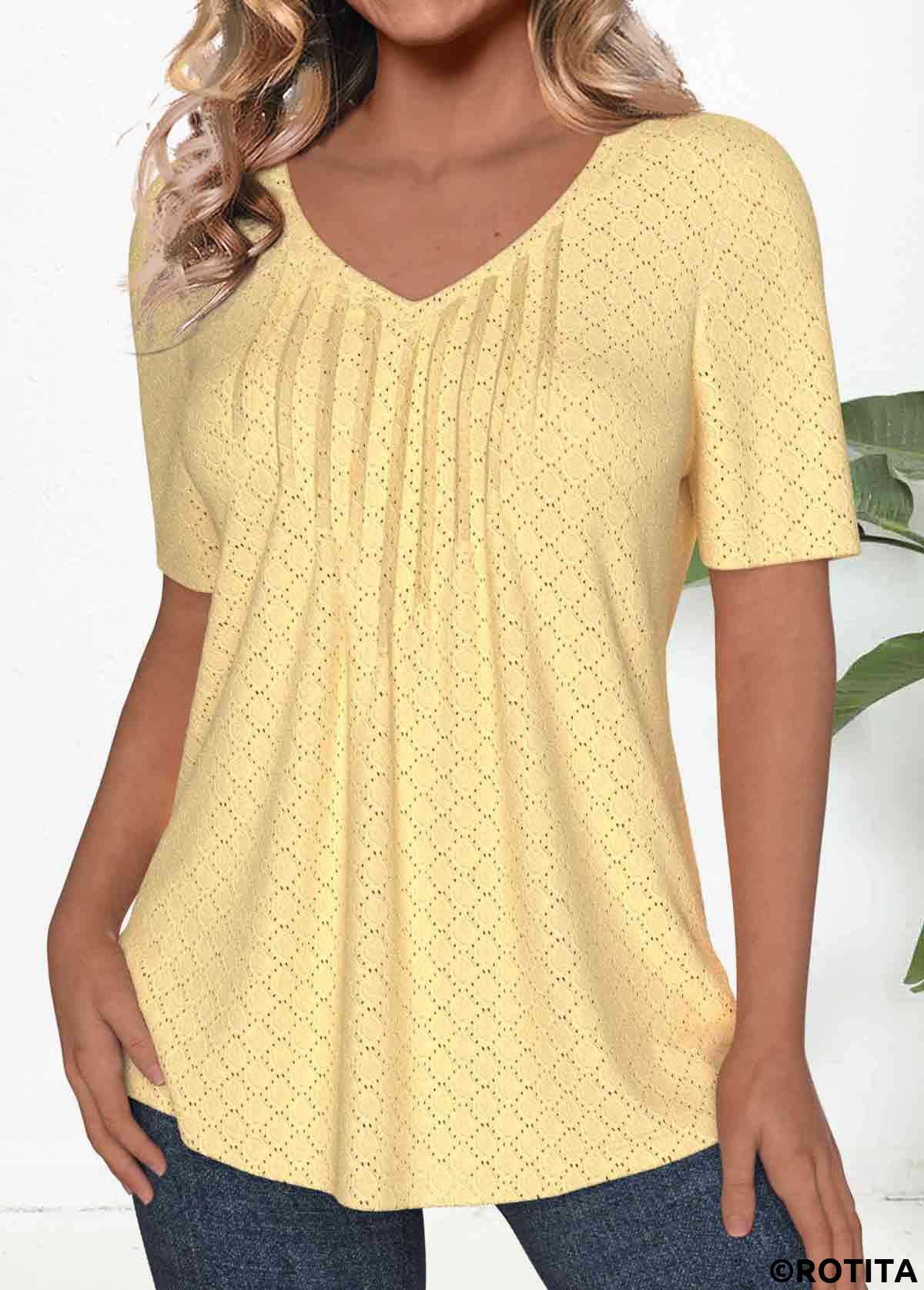 Light Yellow tops,Plain Color tops,ROTITA Textured Fabric Light Yellow V Neck T Shirt