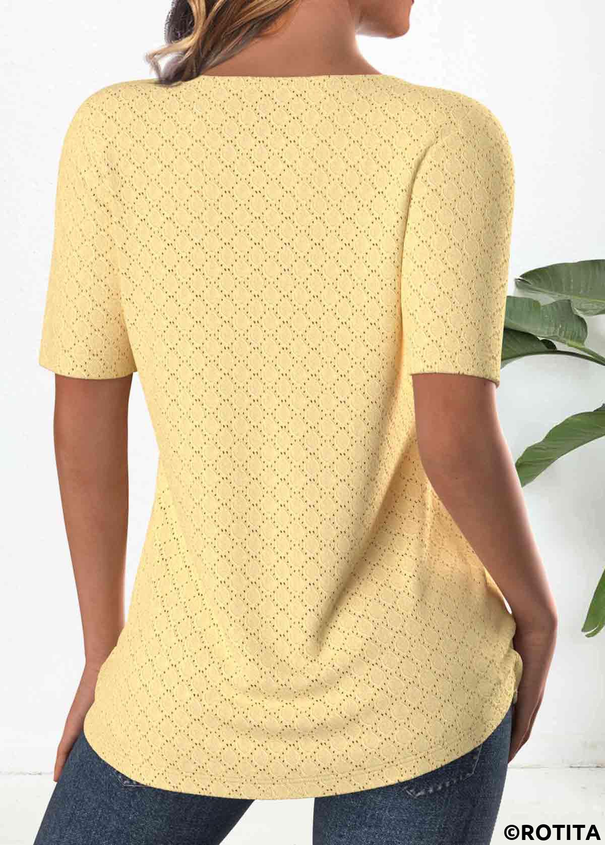 Light Yellow tops,Plain Color tops,ROTITA Textured Fabric Light Yellow V Neck T Shirt