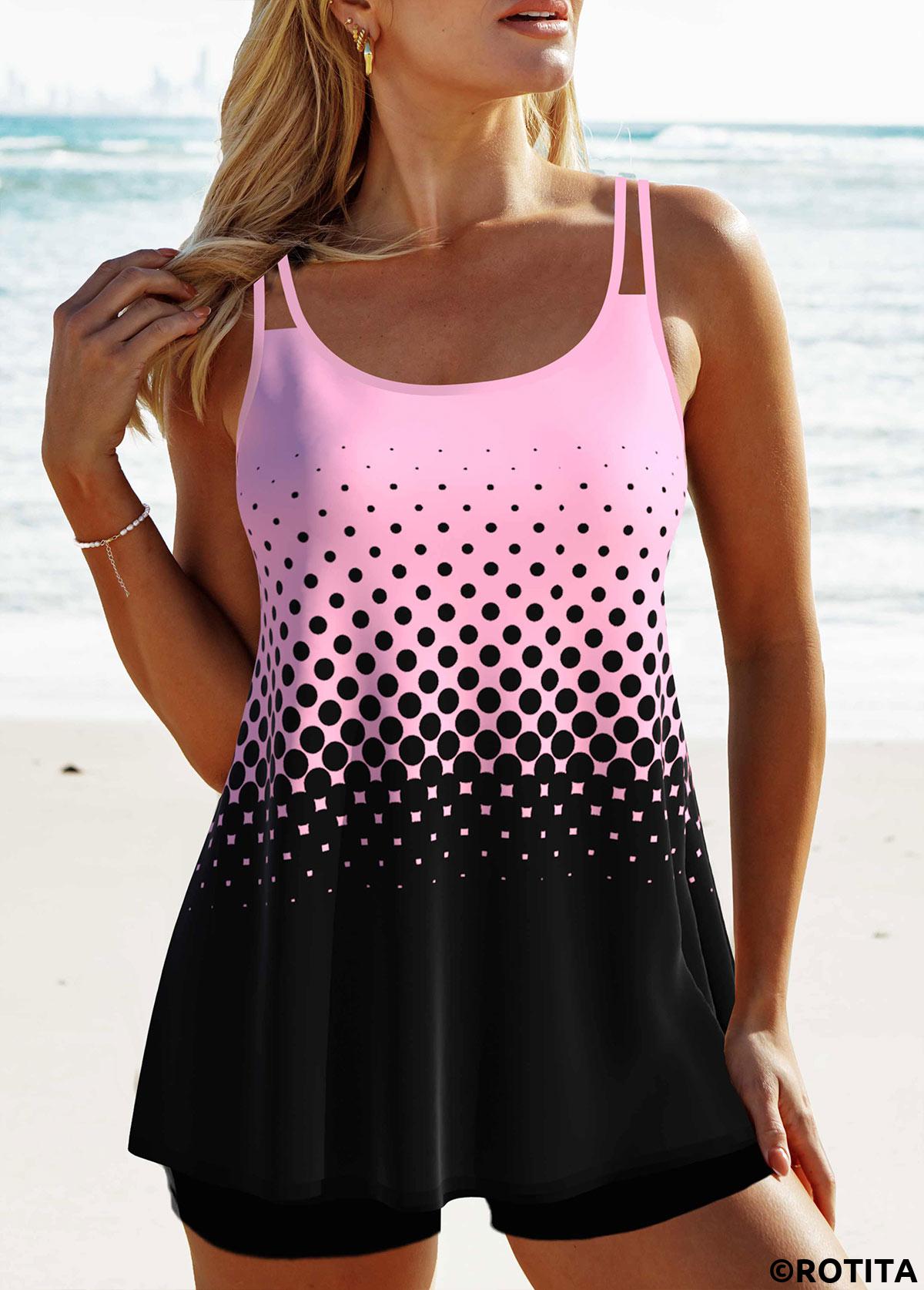 Pink swimwear,Black swimwear,Ombre swimwear,Dot swimwear,ROTITA Patchwork Double Straps Pink Ombre Tankini Top