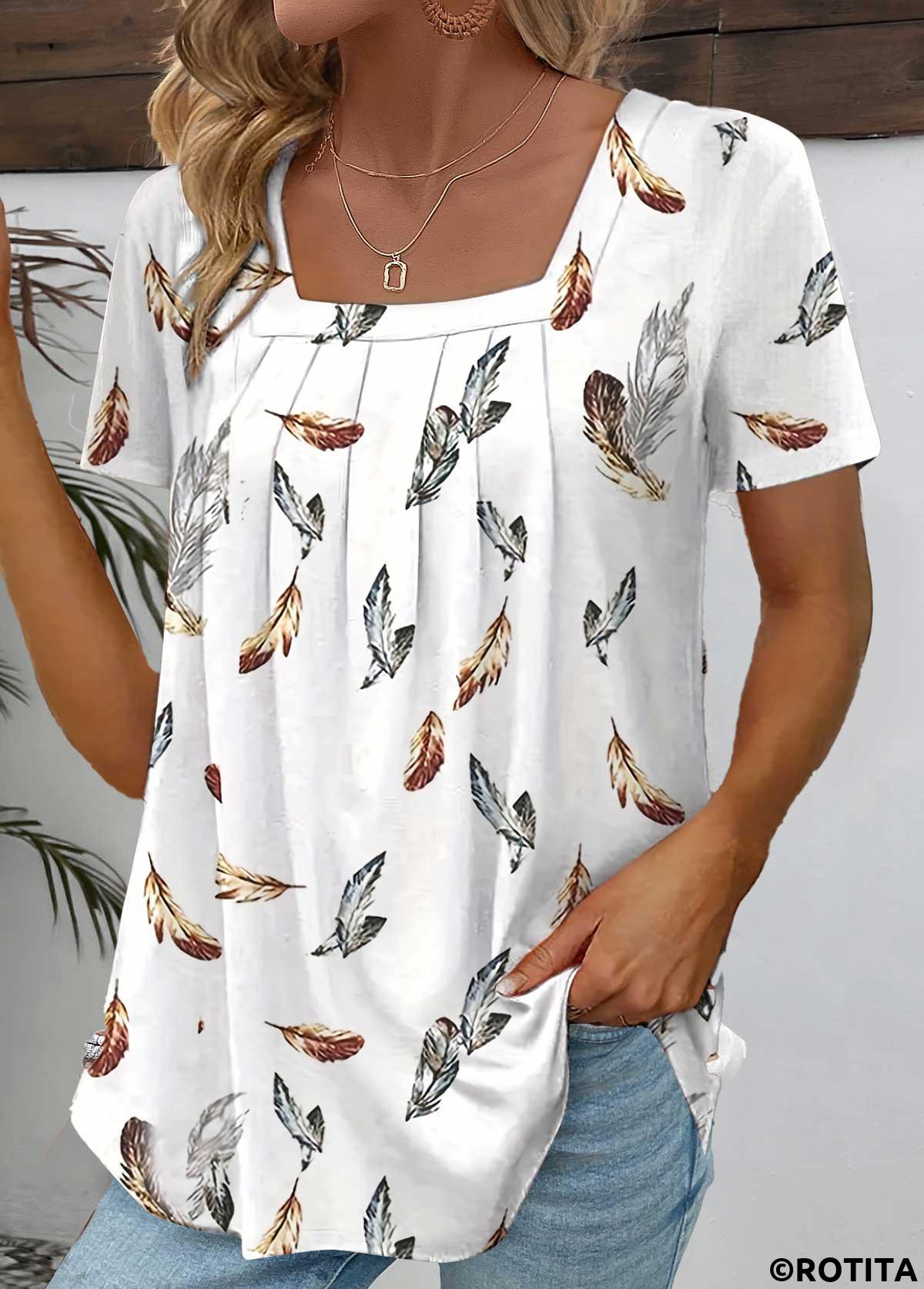 Rotita - T-shirt blanc à col carré et imprimé plumes froncées