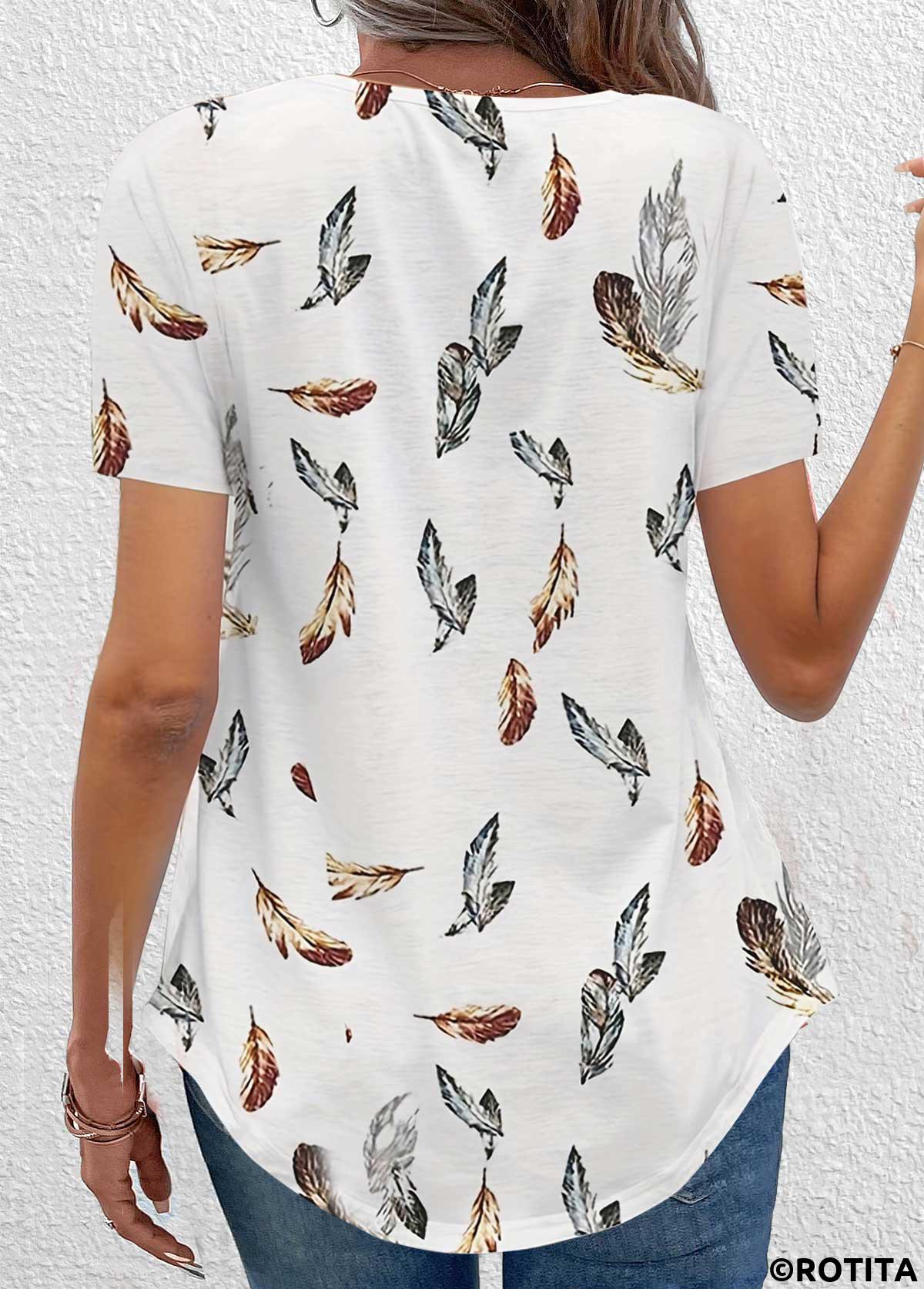 Rotita - T-shirt blanc à col carré et imprimé plumes froncées