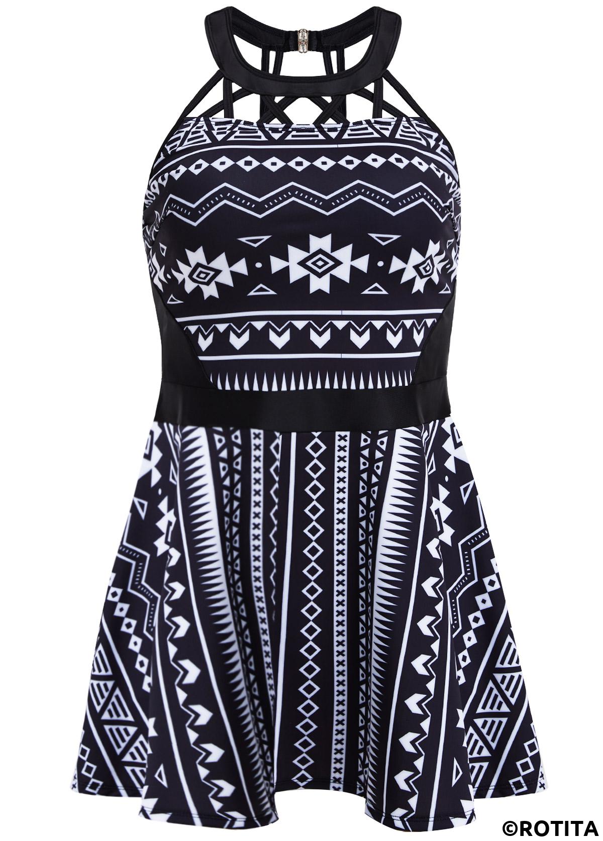Black swimwear,White swimwear,Tribal swimwear,Striped swimwear,Geometric swimwear,Chevron swimwear,ROTITA Cage Neck Black Tribal Print Swimdress and Panty
