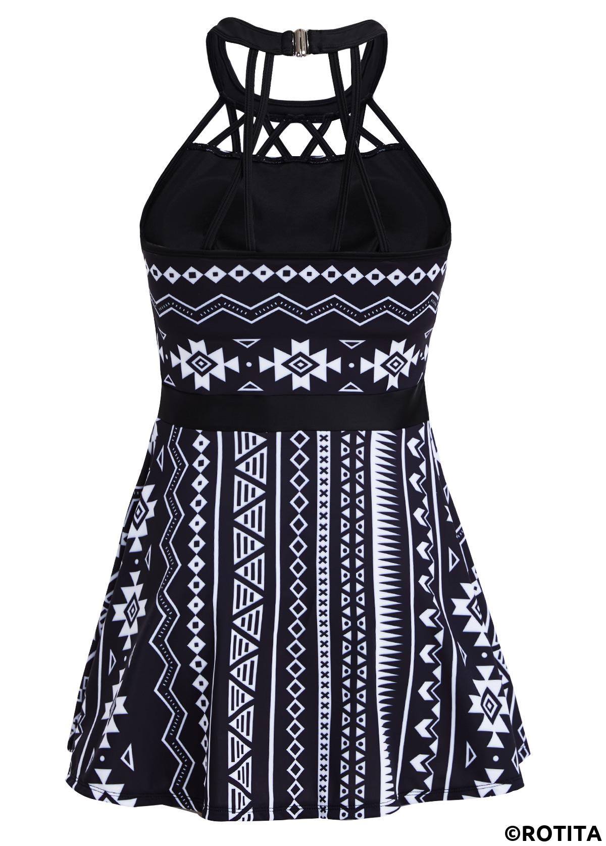 Black swimwear,White swimwear,Tribal swimwear,Striped swimwear,Geometric swimwear,Chevron swimwear,ROTITA Cage Neck Black Tribal Print Swimdress and Panty