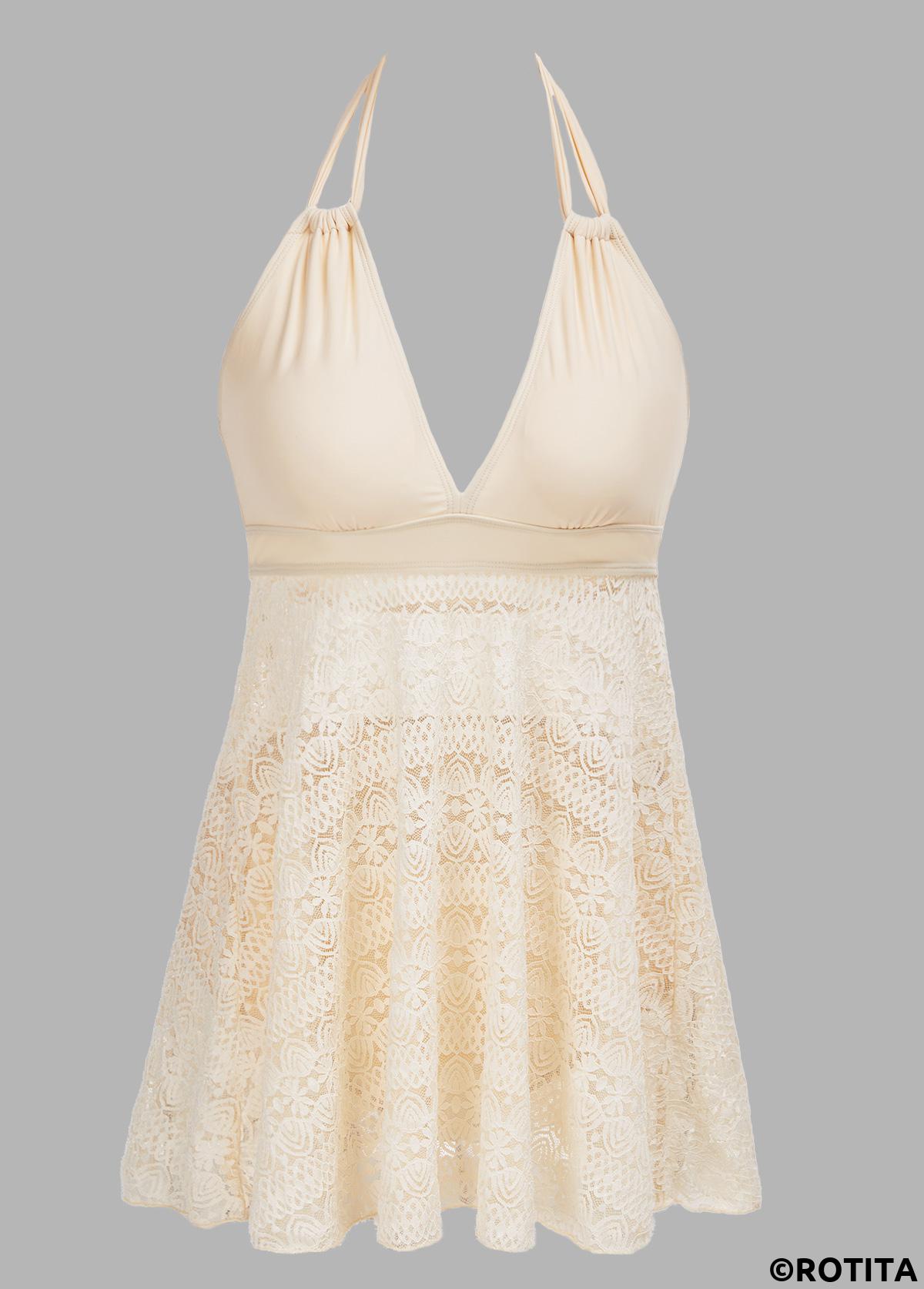 Beige swimwear,Plain Color swimwear,ROTITA Patchwork Lace Beige Swimdress and Panty
