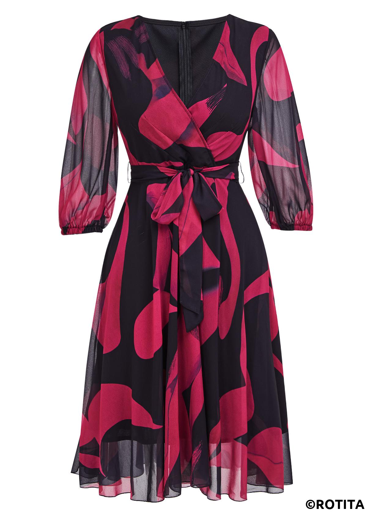 Black dresses,Hot Pink dresses,Graphic dresses,Vacation dresses,Vacation dresses,ROTITA Layered Graffiti Print Black Belted V Neck Dress