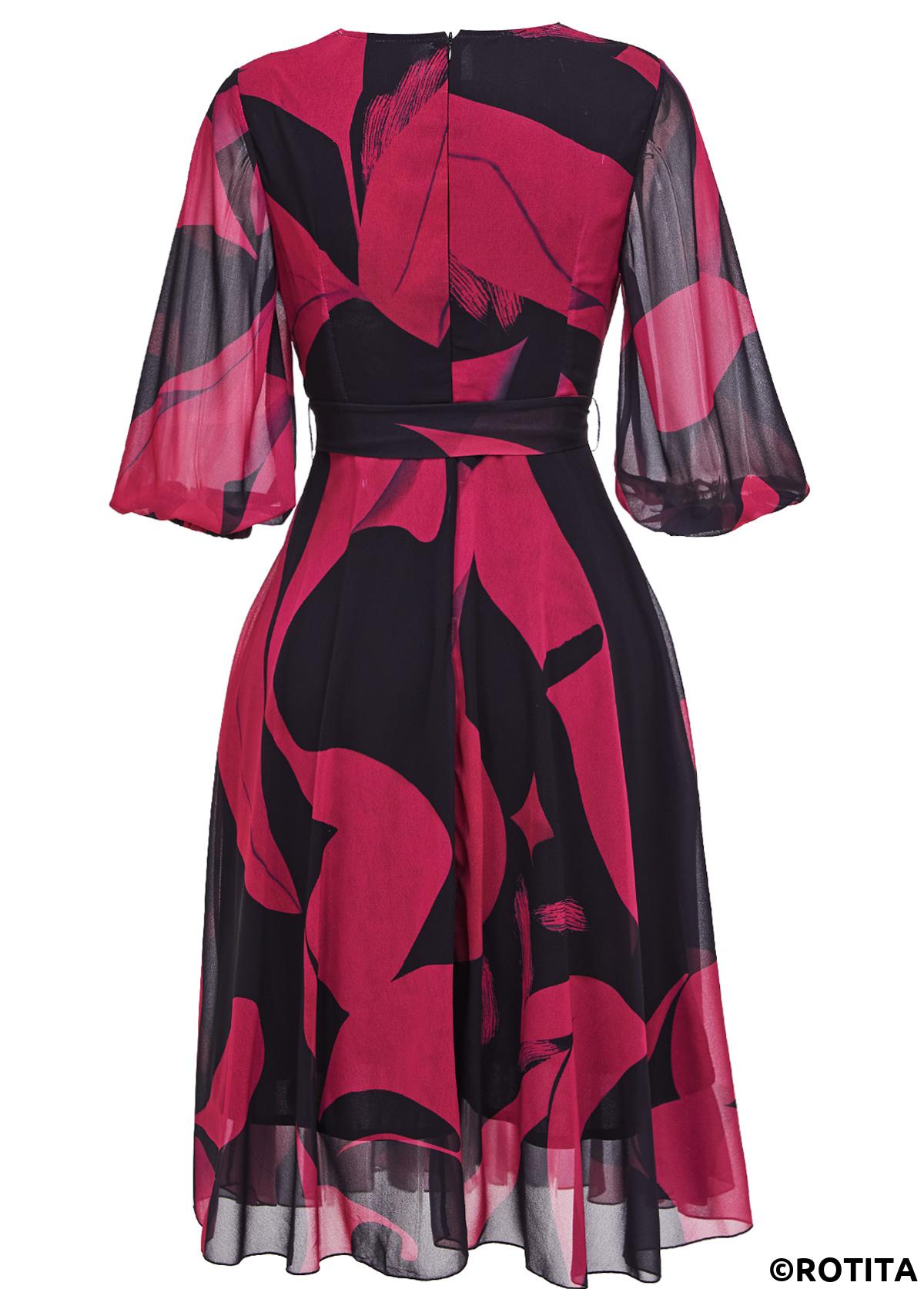 Black dresses,Hot Pink dresses,Graphic dresses,Vacation dresses,Vacation dresses,ROTITA Layered Graffiti Print Black Belted V Neck Dress