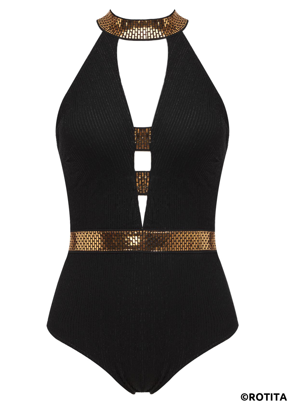 Black swimwear,Contrast Color swimwear,ROTITA Shinning Black Ladder Cutout One Piece Swimwear