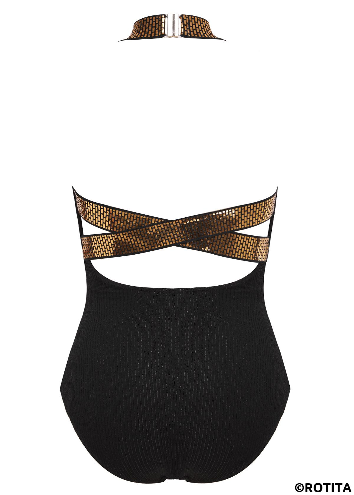Black swimwear,Contrast Color swimwear,ROTITA Shinning Black Ladder Cutout One Piece Swimwear