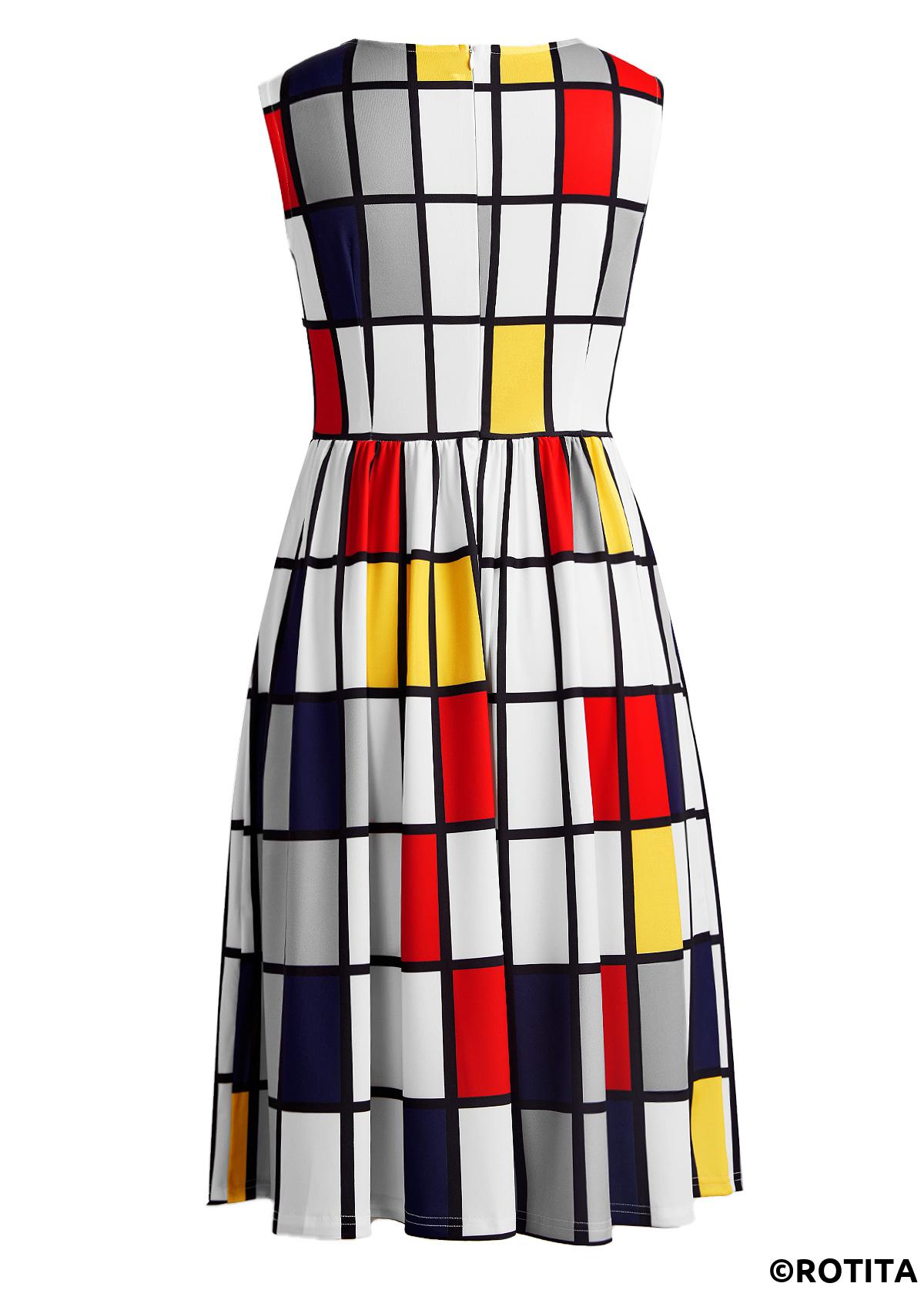 White dresses,Plaid dresses,Striped dresses,Geometric dresses,Party dresses,Elegant dresses,ROTITA Breathable Plaid White Round Neck Sleeveless Dress