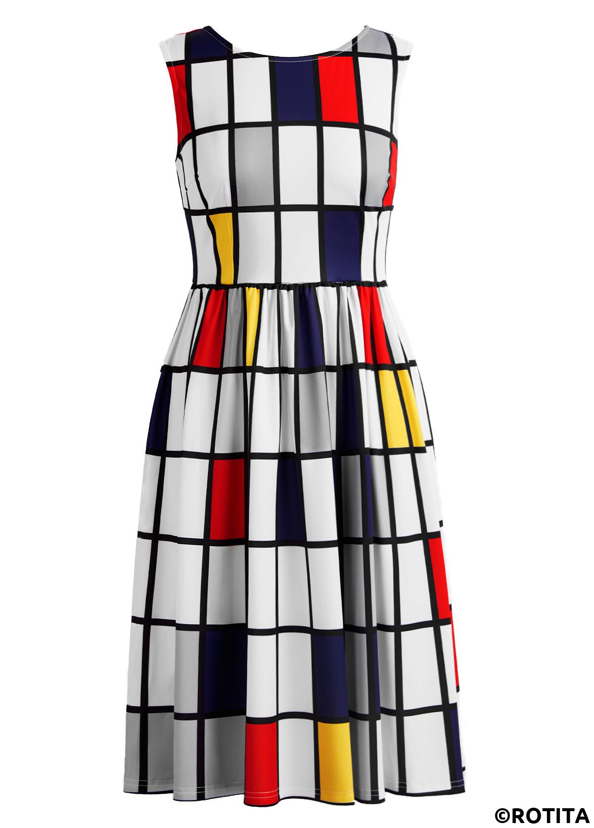 White dresses,Plaid dresses,Striped dresses,Geometric dresses,Party dresses,Elegant dresses,ROTITA Breathable Plaid White Round Neck Sleeveless Dress