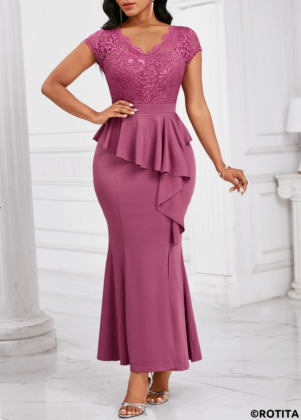 Dark Reddish Purple dresses,Plain Color dresses,Party dresses,Elegant dresses,ROTITA Mermaid Dark Reddish Purple V Neck Maxi Bodycon Dress