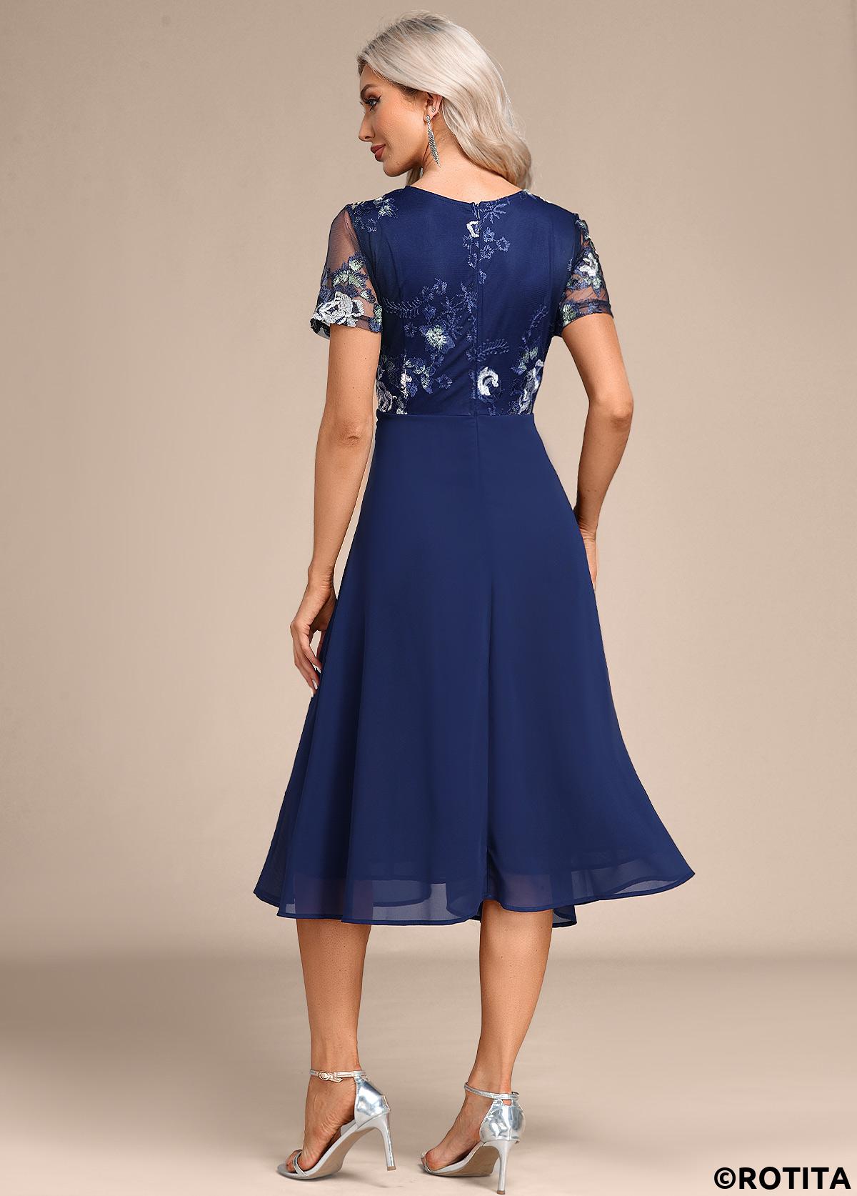 Navy dresses,Plain Color dresses,Party dresses,Elegant dresses,ROTITA Embroidery Navy Round Neck Short Sleeve Dress