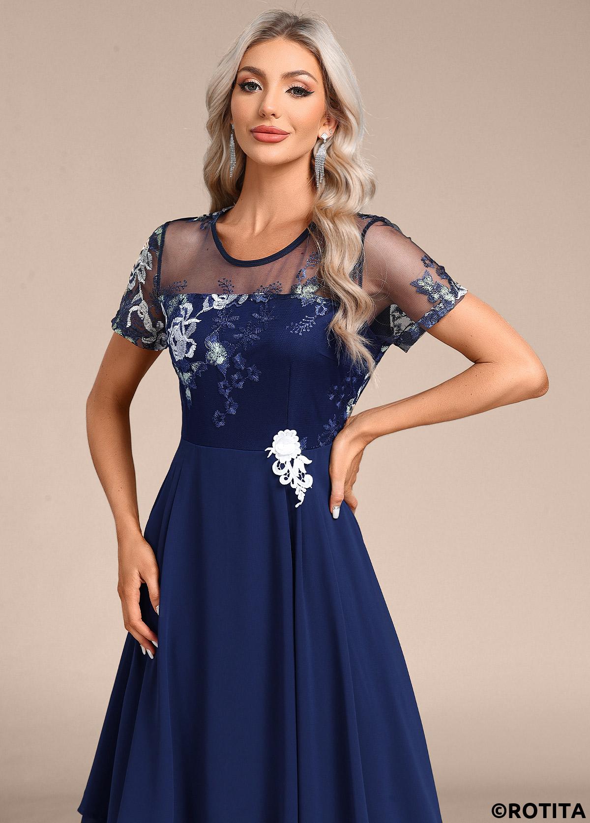 Navy dresses,Plain Color dresses,Party dresses,Elegant dresses,ROTITA Embroidery Navy Round Neck Short Sleeve Dress