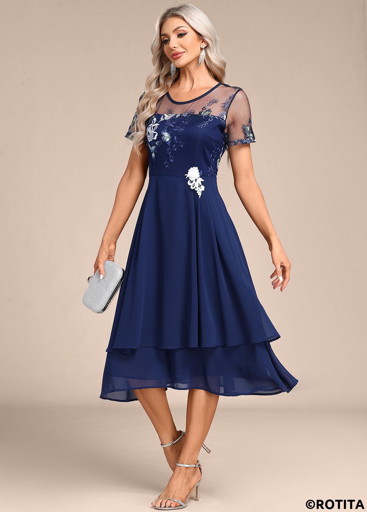 Navy dresses,Plain Color dresses,Party dresses,Elegant dresses,ROTITA Embroidery Navy Round Neck Short Sleeve Dress