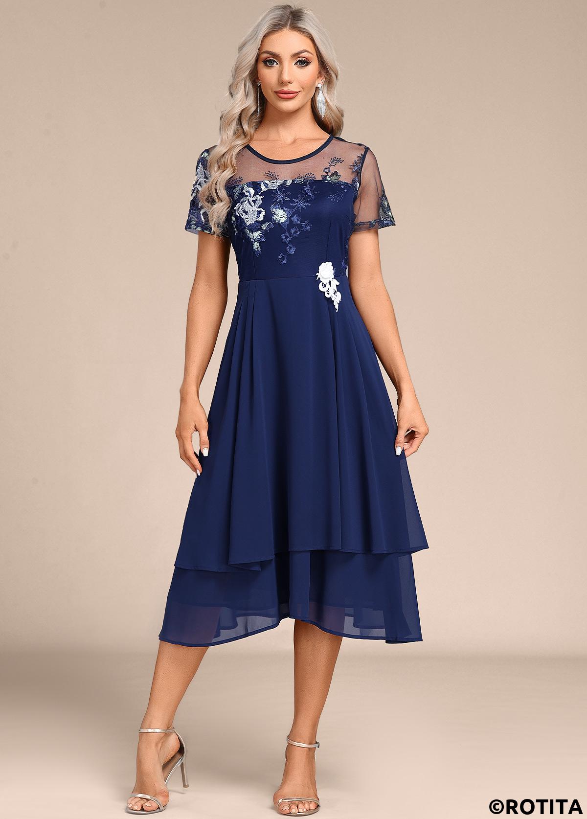 Navy dresses,Plain Color dresses,Party dresses,Elegant dresses,ROTITA Embroidery Navy Round Neck Short Sleeve Dress