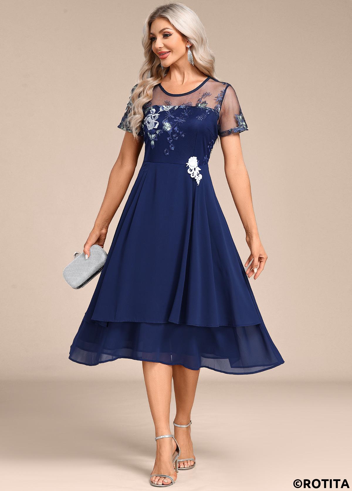 Navy dresses,Plain Color dresses,Party dresses,Elegant dresses,ROTITA Embroidery Navy Round Neck Short Sleeve Dress