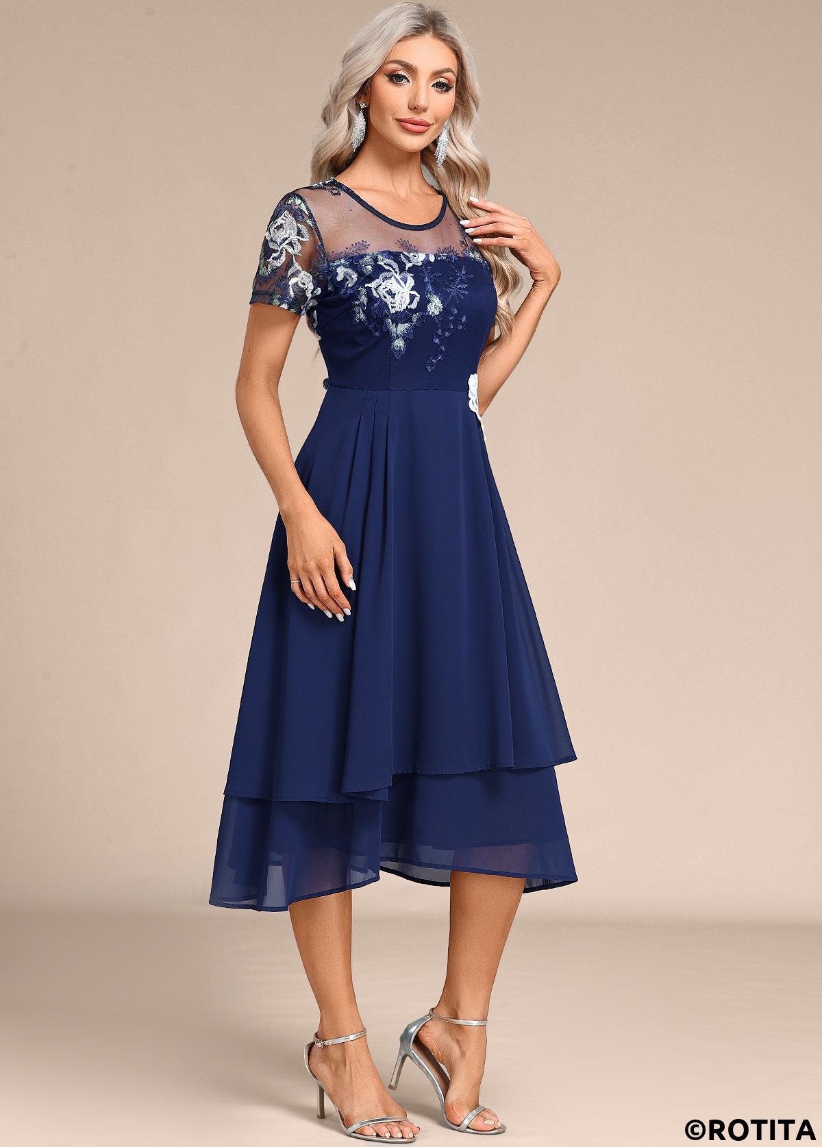 Navy dresses,Plain Color dresses,Party dresses,Elegant dresses,ROTITA Embroidery Navy Round Neck Short Sleeve Dress