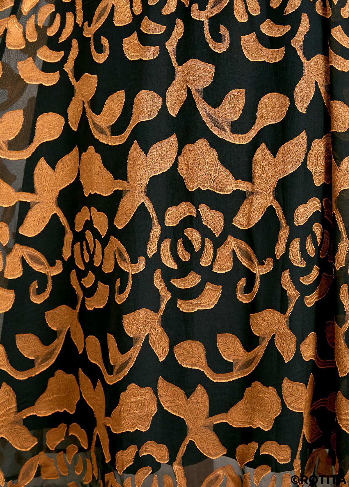 Rotita - Robe noire à imprimé floral et ceinture col rond