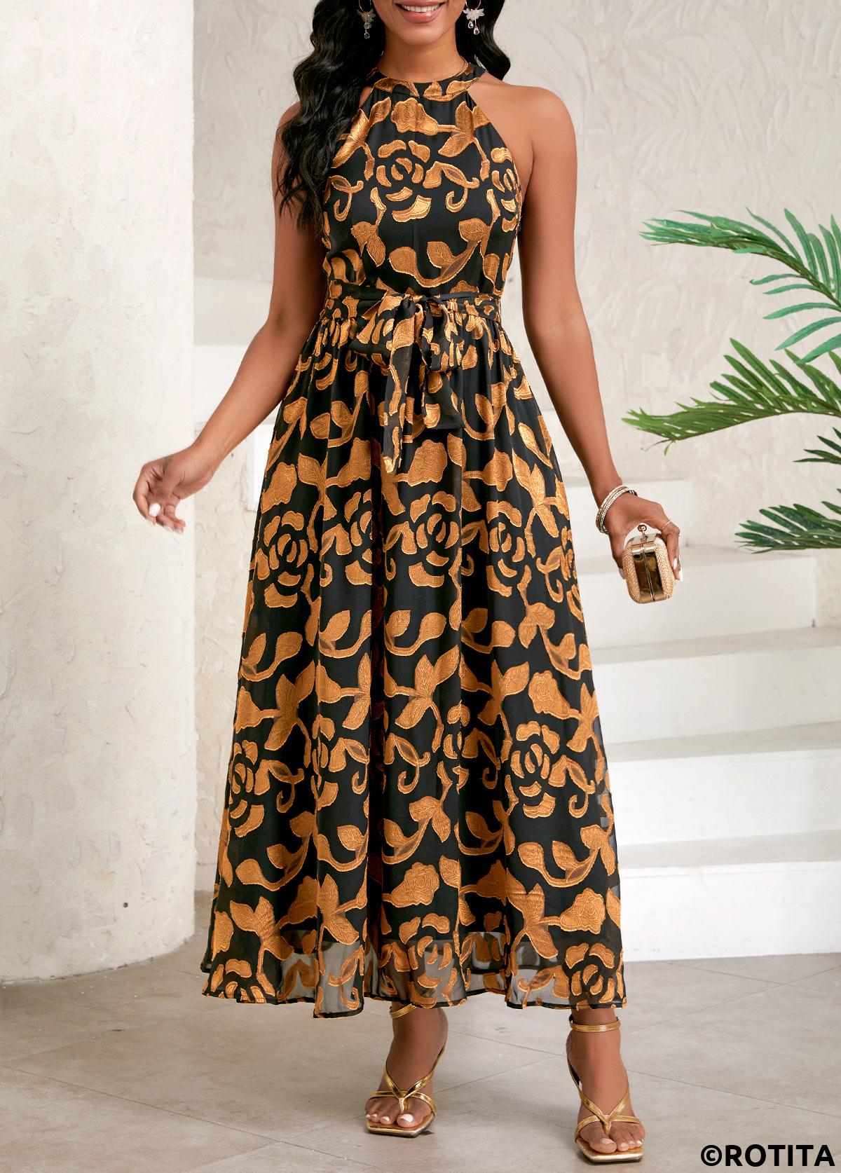 Rotita - Robe noire à imprimé floral et ceinture col rond