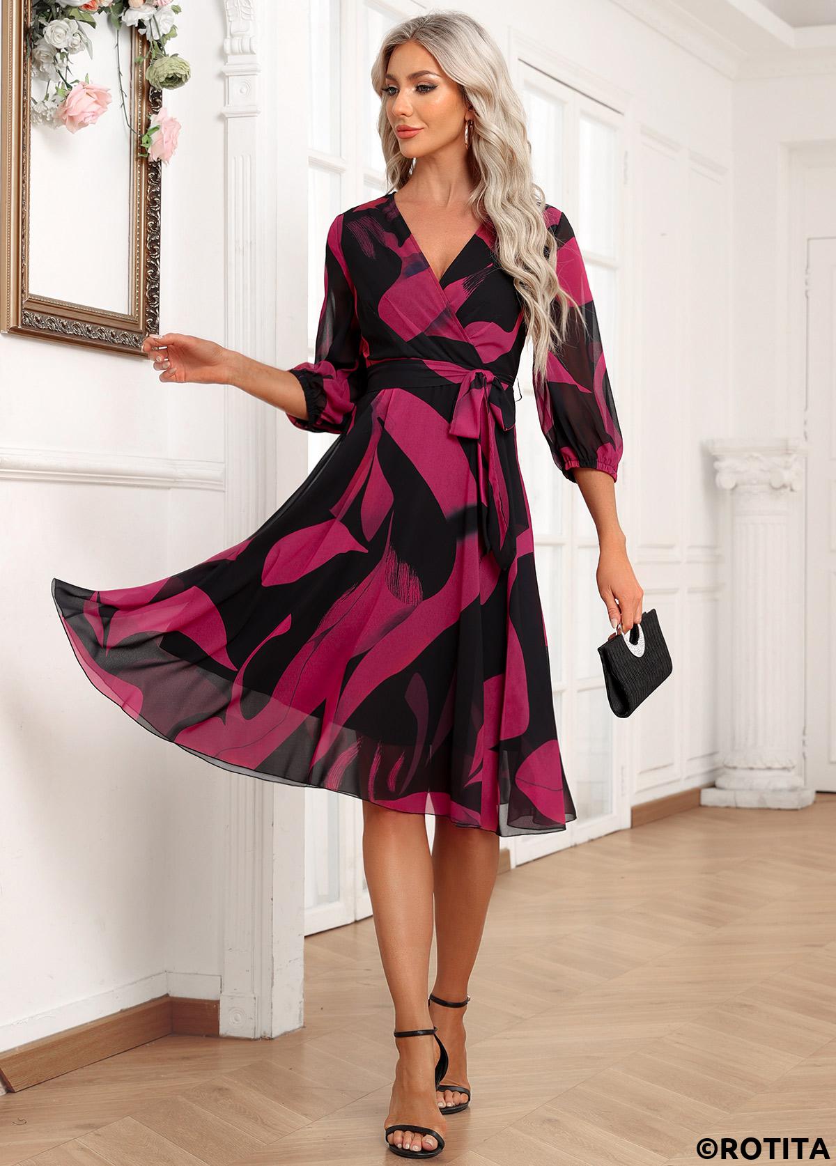 Black dresses,Hot Pink dresses,Graphic dresses,Vacation dresses,Vacation dresses,ROTITA Layered Graffiti Print Black Belted V Neck Dress