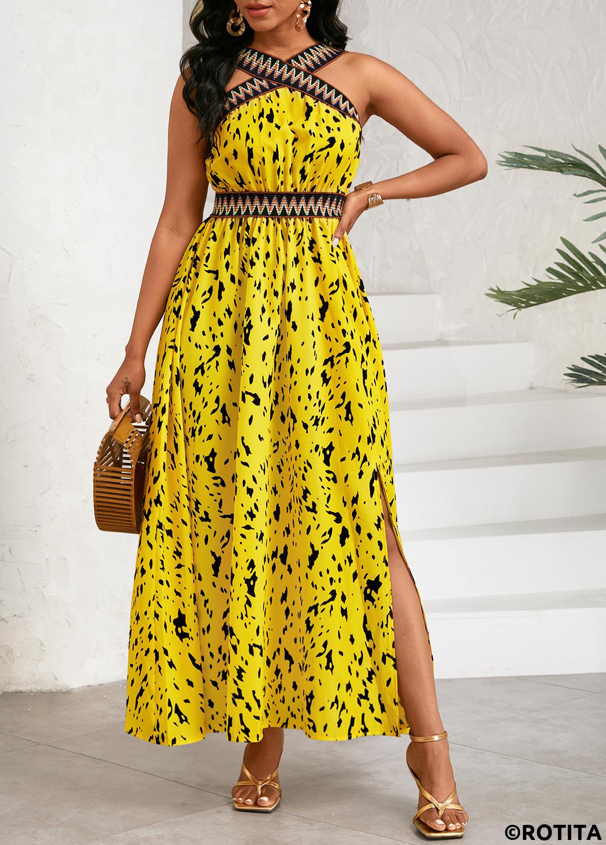 Yellow dresses,Graphic dresses,Vacation dresses,Vacation dresses,ROTITA Patchwork Graffiti Print Yellow Cross Collar Sleeveless Dress