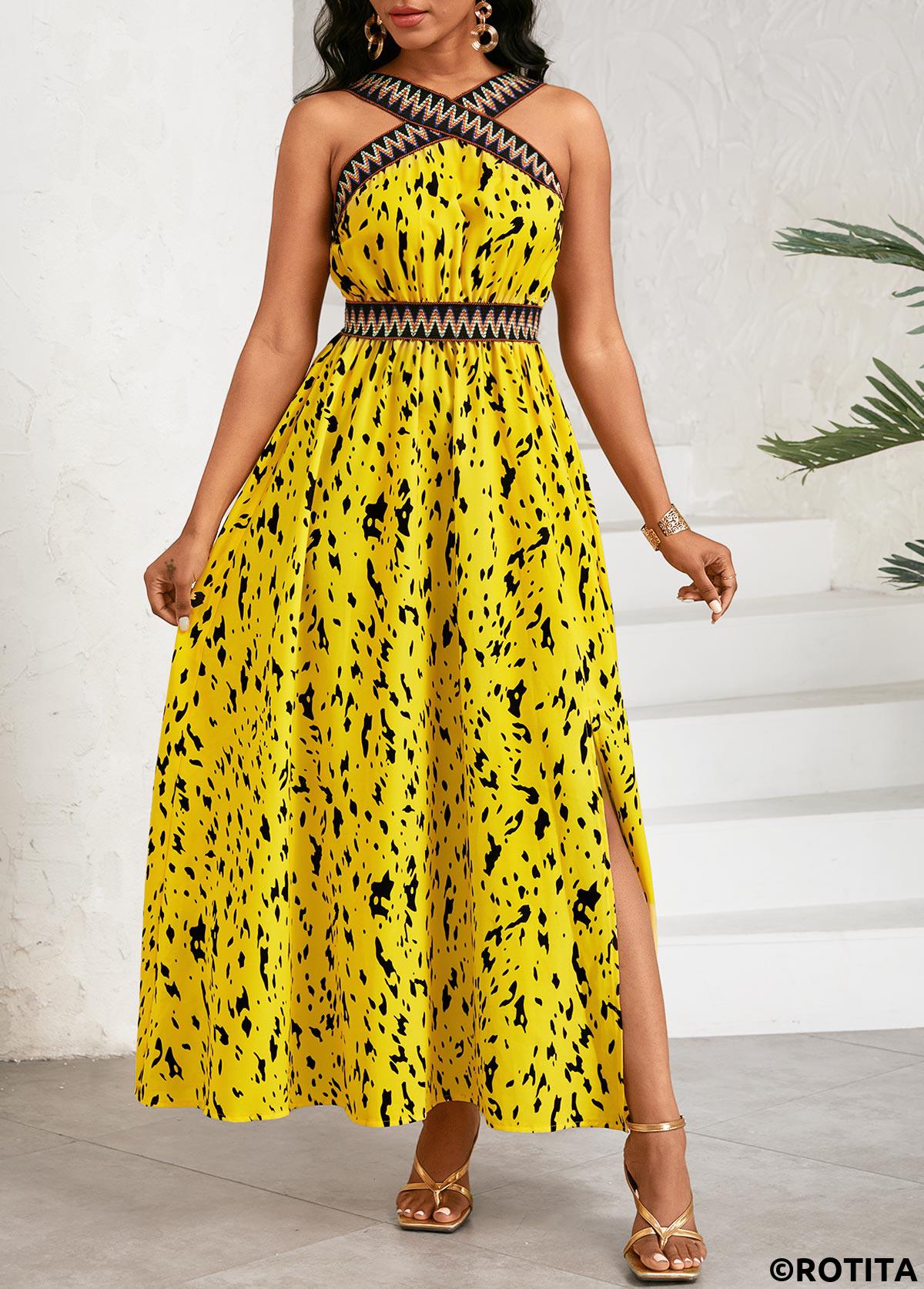 Yellow dresses,Graphic dresses,Vacation dresses,Vacation dresses,ROTITA Patchwork Graffiti Print Yellow Cross Collar Sleeveless Dress