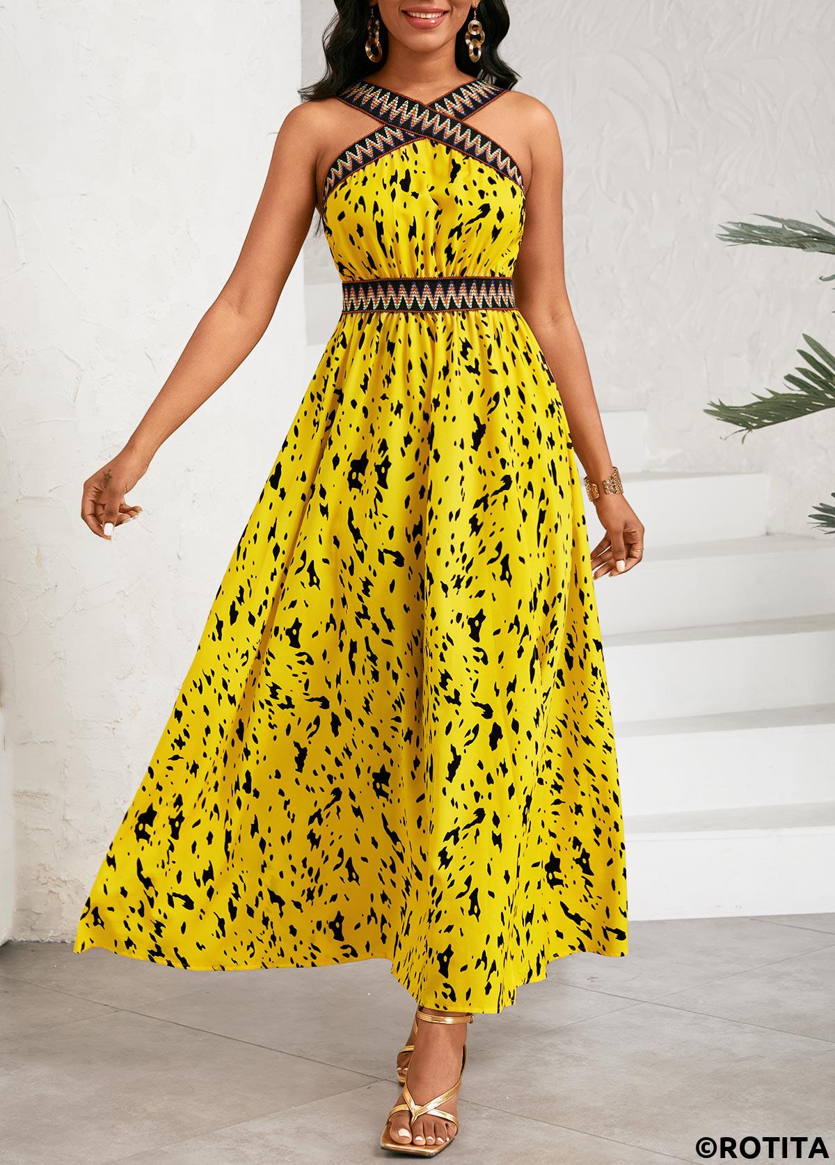 Yellow dresses,Graphic dresses,Vacation dresses,Vacation dresses,ROTITA Patchwork Graffiti Print Yellow Cross Collar Sleeveless Dress