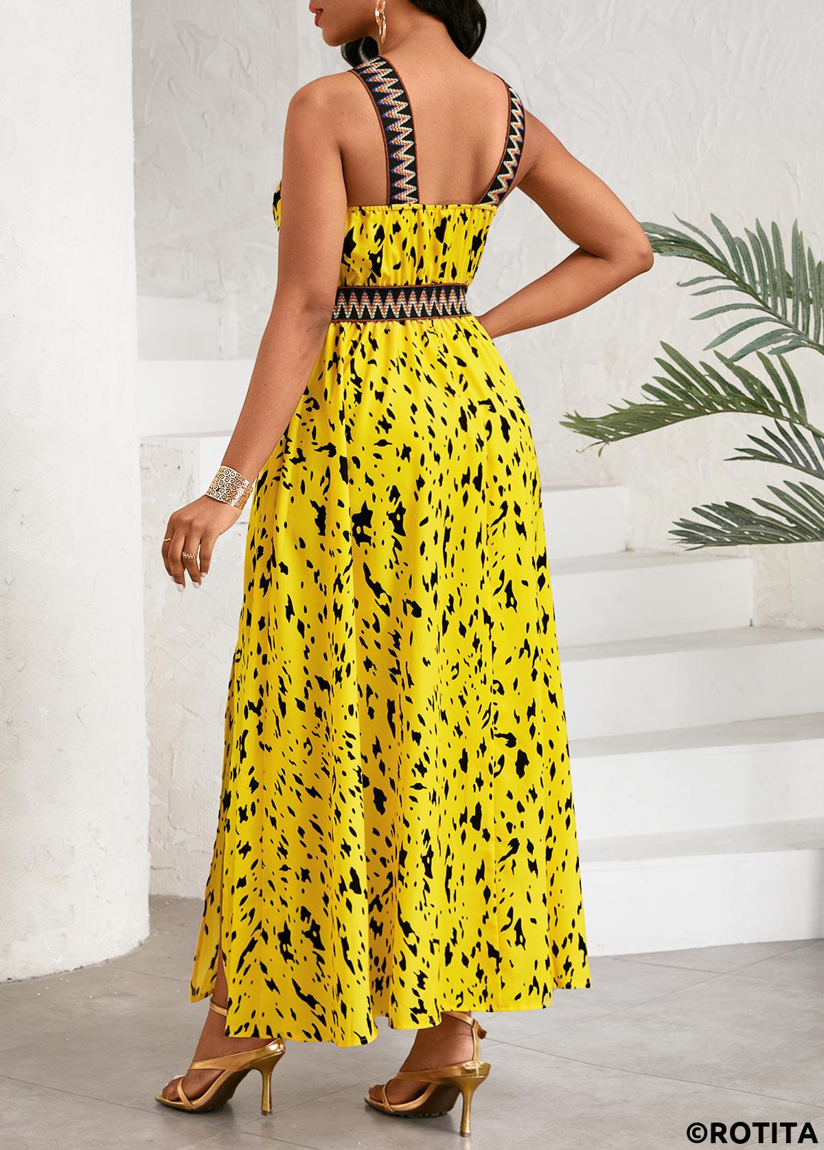 Yellow dresses,Graphic dresses,Vacation dresses,Vacation dresses,ROTITA Patchwork Graffiti Print Yellow Cross Collar Sleeveless Dress