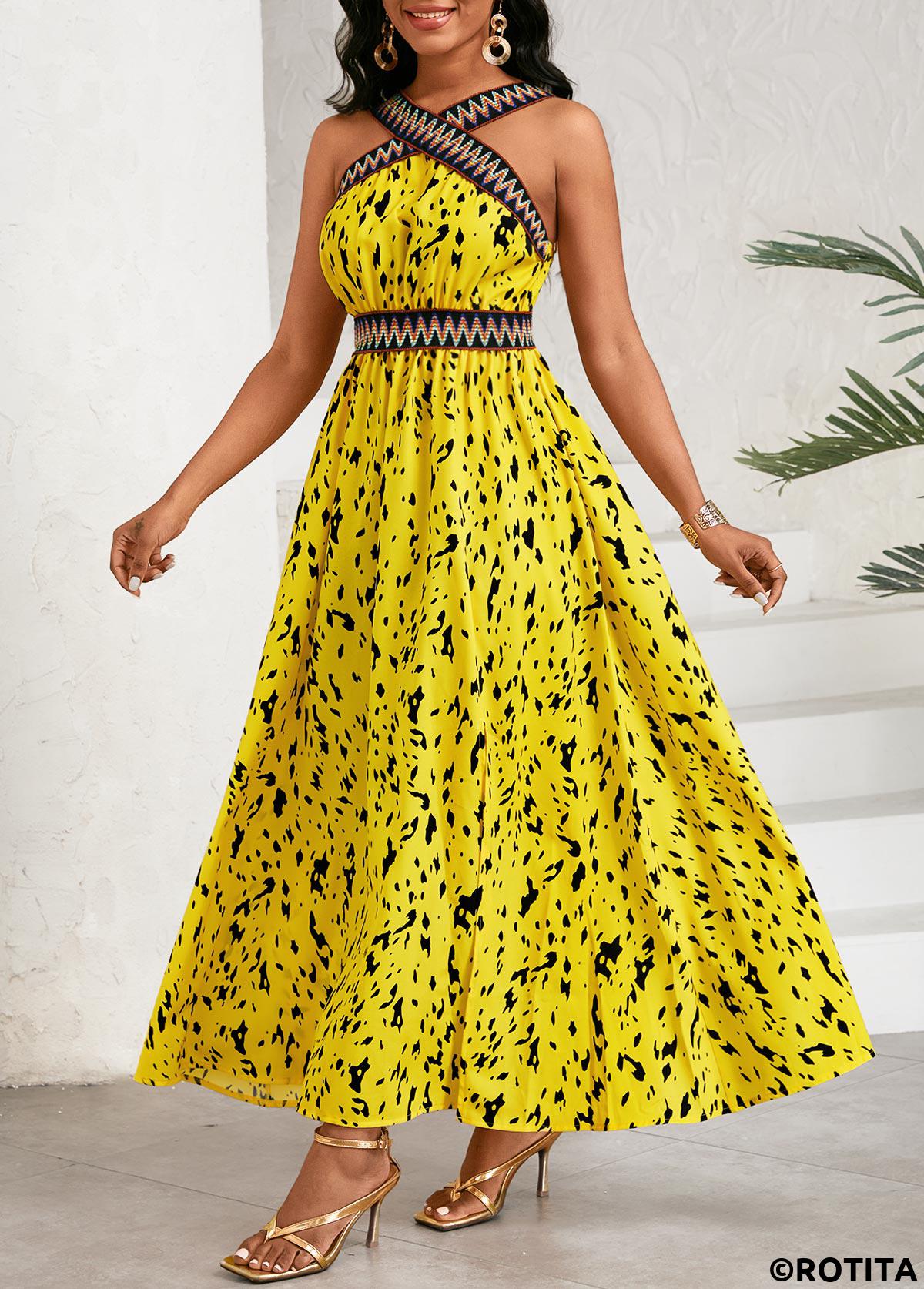 Yellow dresses,Graphic dresses,Vacation dresses,Vacation dresses,ROTITA Patchwork Graffiti Print Yellow Cross Collar Sleeveless Dress