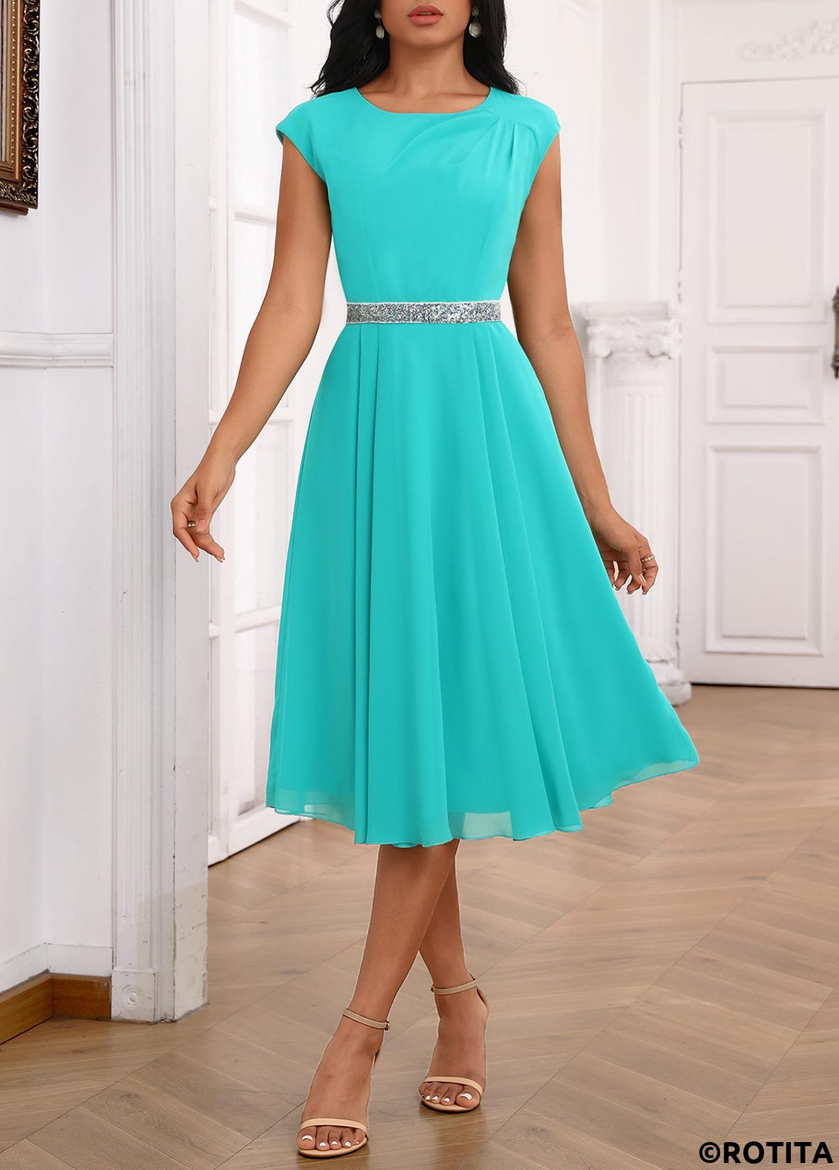 Peacock Blue dresses,Plain Color dresses,Party dresses,Elegant dresses,ROTITA Sequin Peacock Blue Boat Neck Short Sleeve Dress