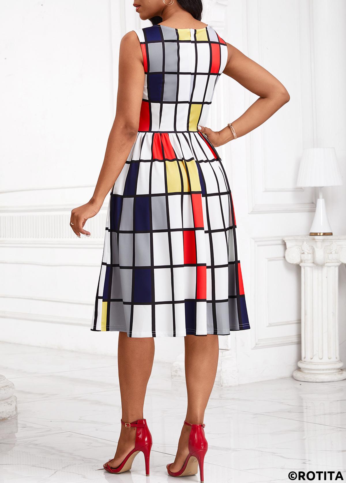 White dresses,Plaid dresses,Striped dresses,Geometric dresses,Party dresses,Elegant dresses,ROTITA Breathable Plaid White Round Neck Sleeveless Dress