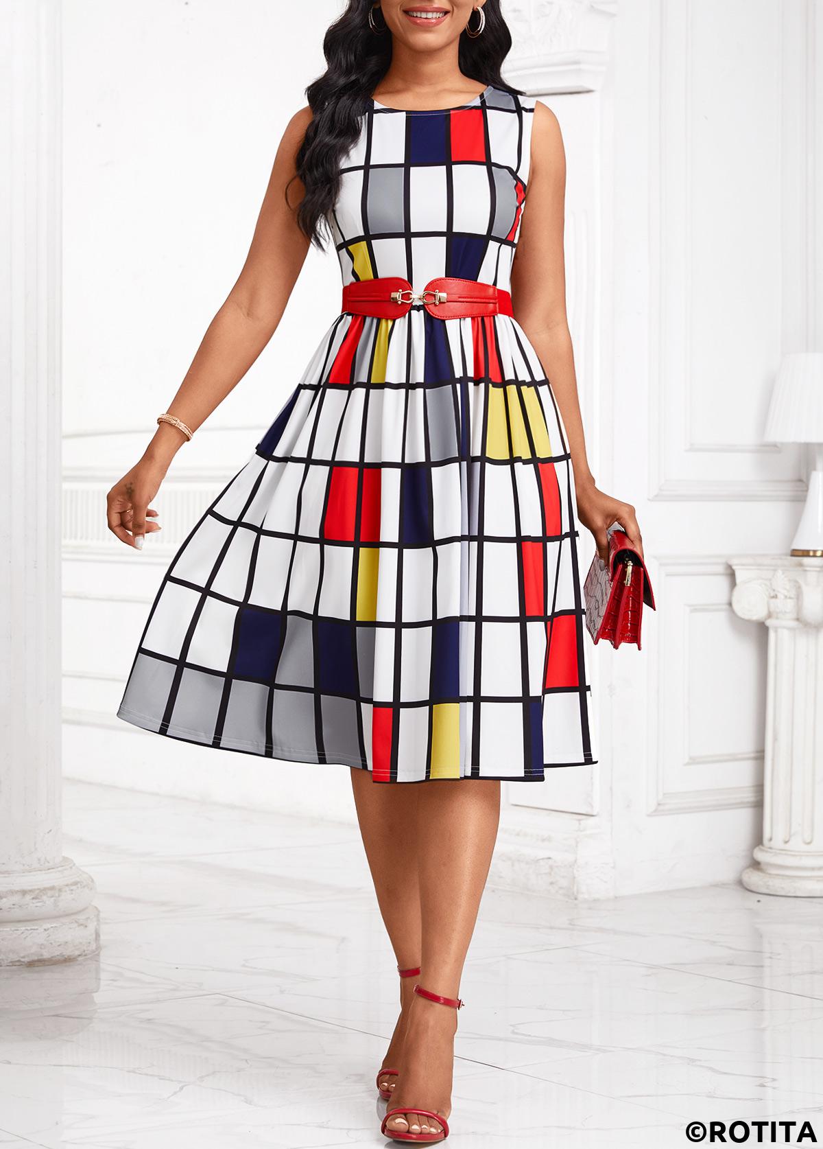 White dresses,Plaid dresses,Striped dresses,Geometric dresses,Party dresses,Elegant dresses,ROTITA Breathable Plaid White Round Neck Sleeveless Dress
