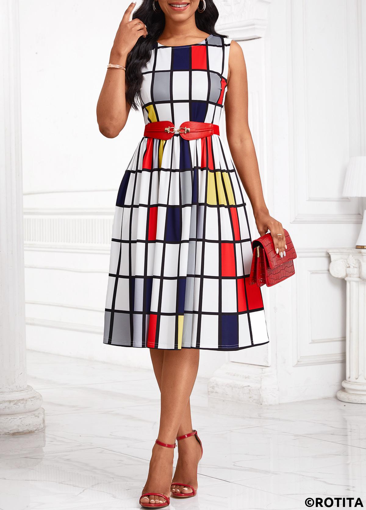White dresses,Plaid dresses,Striped dresses,Geometric dresses,Party dresses,Elegant dresses,ROTITA Breathable Plaid White Round Neck Sleeveless Dress
