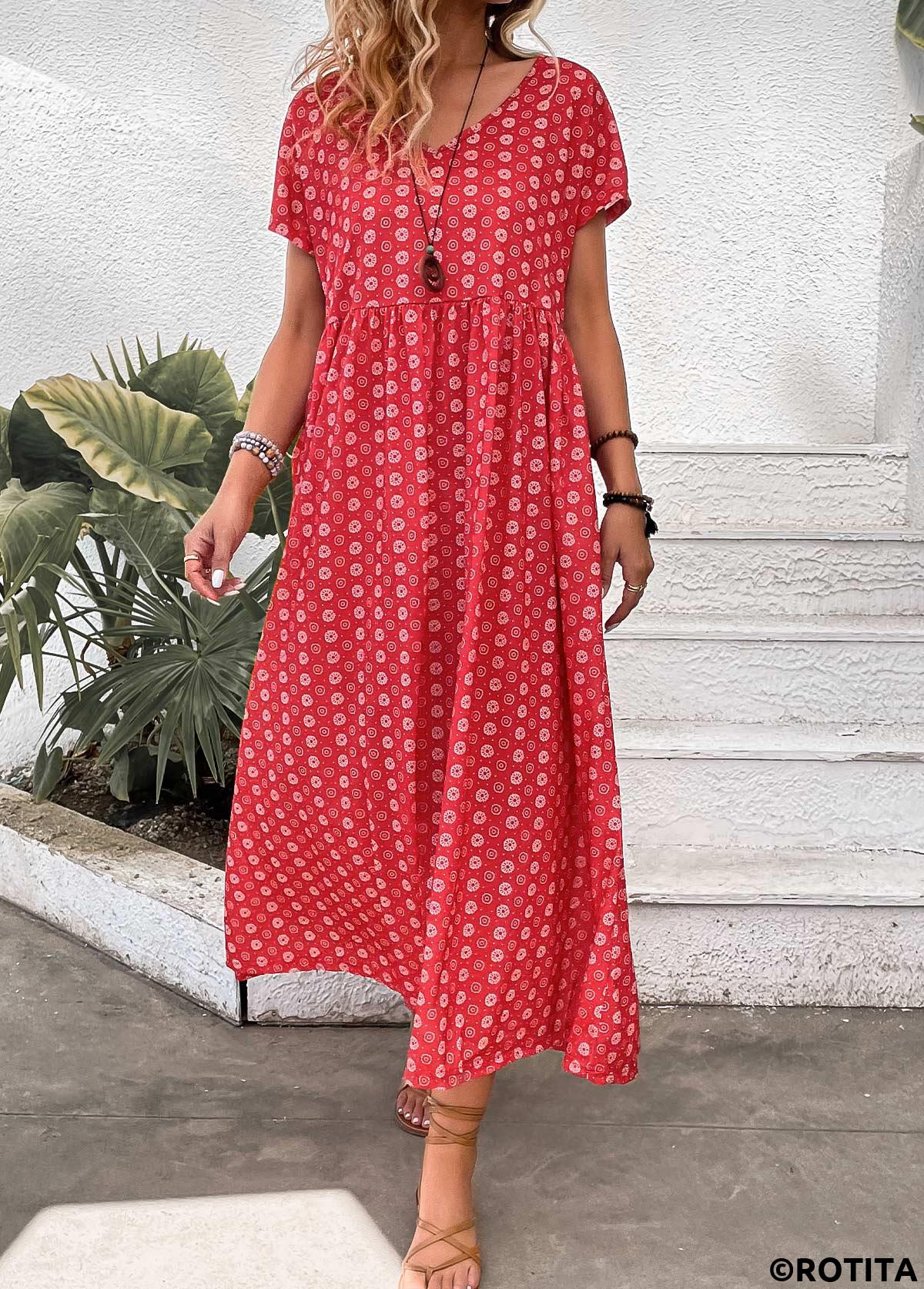 Red dresses,Geometric dresses,Floral dresses,Plants dresses,Dot dresses,Everyday dresses,Casual dresses,ROTITA Pocket Geometric Print Red Maxi A Line Dress