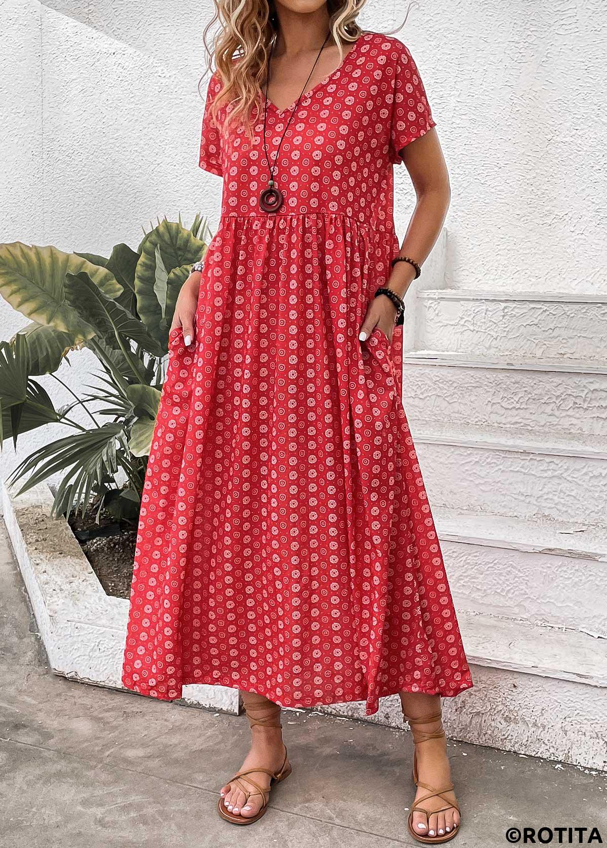 Red dresses,Geometric dresses,Floral dresses,Plants dresses,Dot dresses,Everyday dresses,Casual dresses,ROTITA Pocket Geometric Print Red Maxi A Line Dress