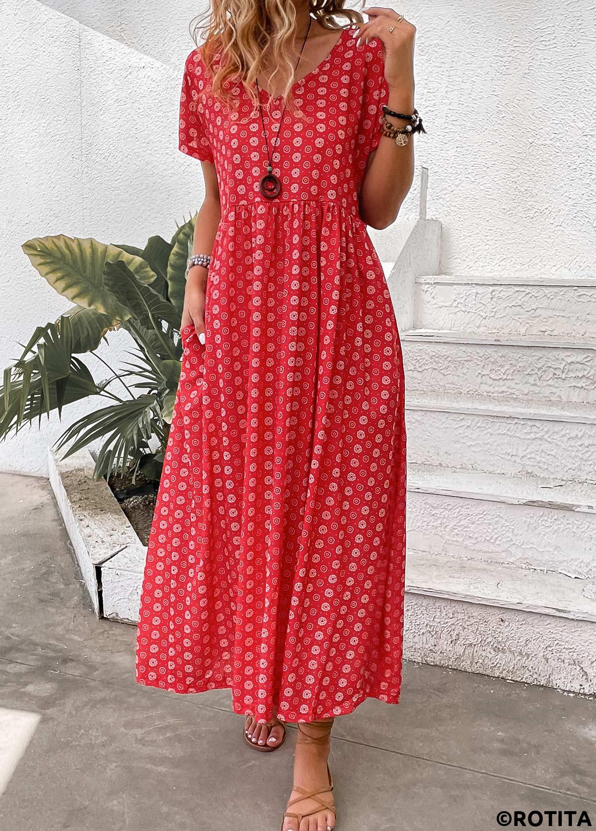 Red dresses,Geometric dresses,Floral dresses,Plants dresses,Dot dresses,Everyday dresses,Casual dresses,ROTITA Pocket Geometric Print Red Maxi A Line Dress