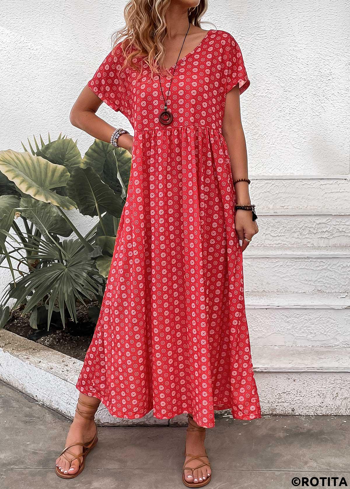 Red dresses,Geometric dresses,Floral dresses,Plants dresses,Dot dresses,Everyday dresses,Casual dresses,ROTITA Pocket Geometric Print Red Maxi A Line Dress