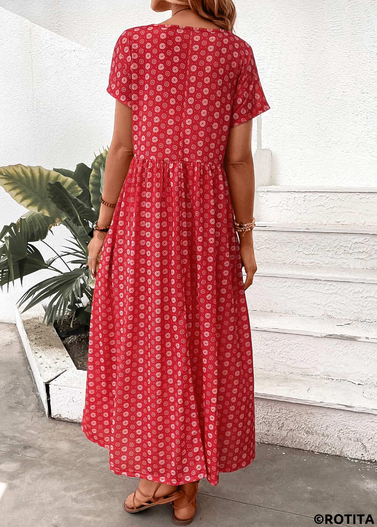 Red dresses,Geometric dresses,Floral dresses,Plants dresses,Dot dresses,Everyday dresses,Casual dresses,ROTITA Pocket Geometric Print Red Maxi A Line Dress
