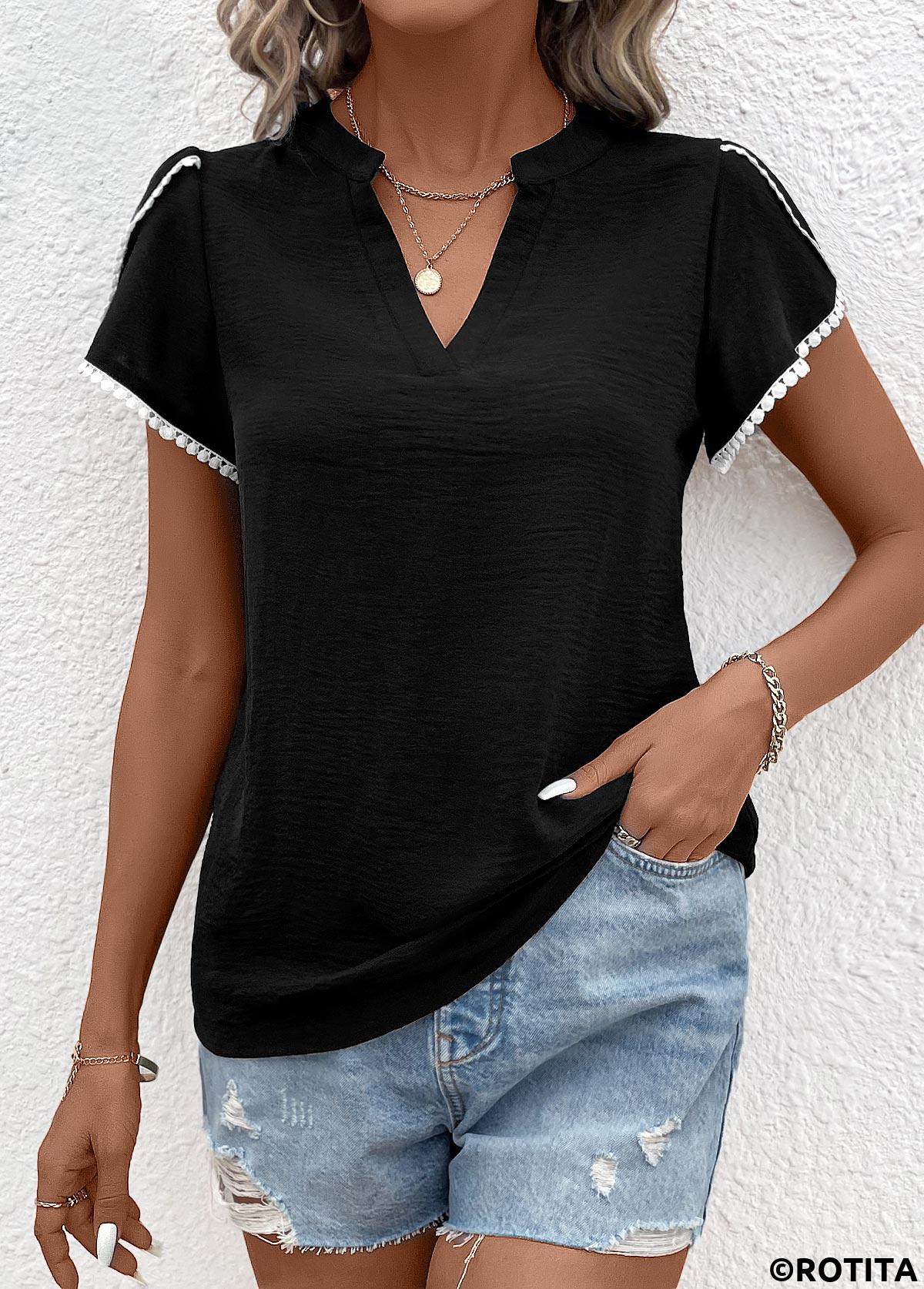 Black tops,Plain Color tops,Patchwork Black V Neck Short Sleeve T Shirt
