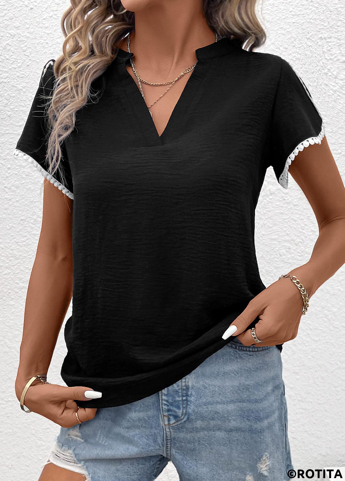 Black tops,Plain Color tops,Patchwork Black V Neck Short Sleeve T Shirt
