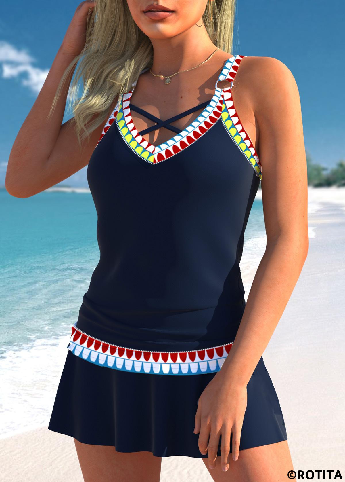 ROTITA Circular Ring Navy Tribal Print Low Waisted Tankini Set