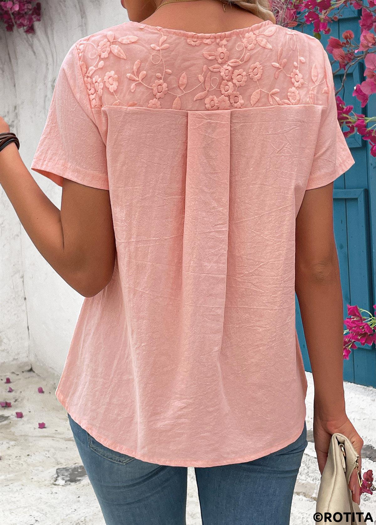Tuck Stitch Light Pink Round Neck Short Sleeve Blouse