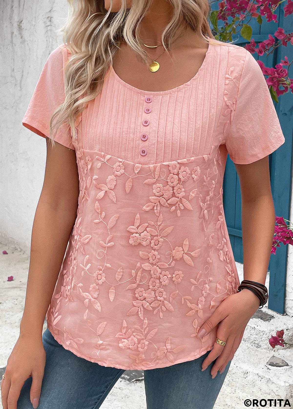 Tuck Stitch Light Pink Round Neck Short Sleeve Blouse