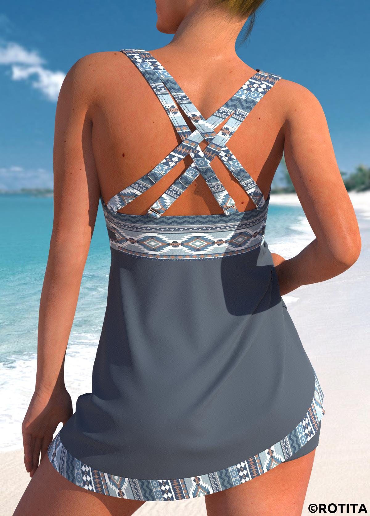 Dusty Blue swimwear,Tribal swimwear,Striped swimwear,Geometric swimwear,Chevron swimwear,ROTITA Drawstring Dusty Blue Tribal Print Mid Waisted Tankini Set