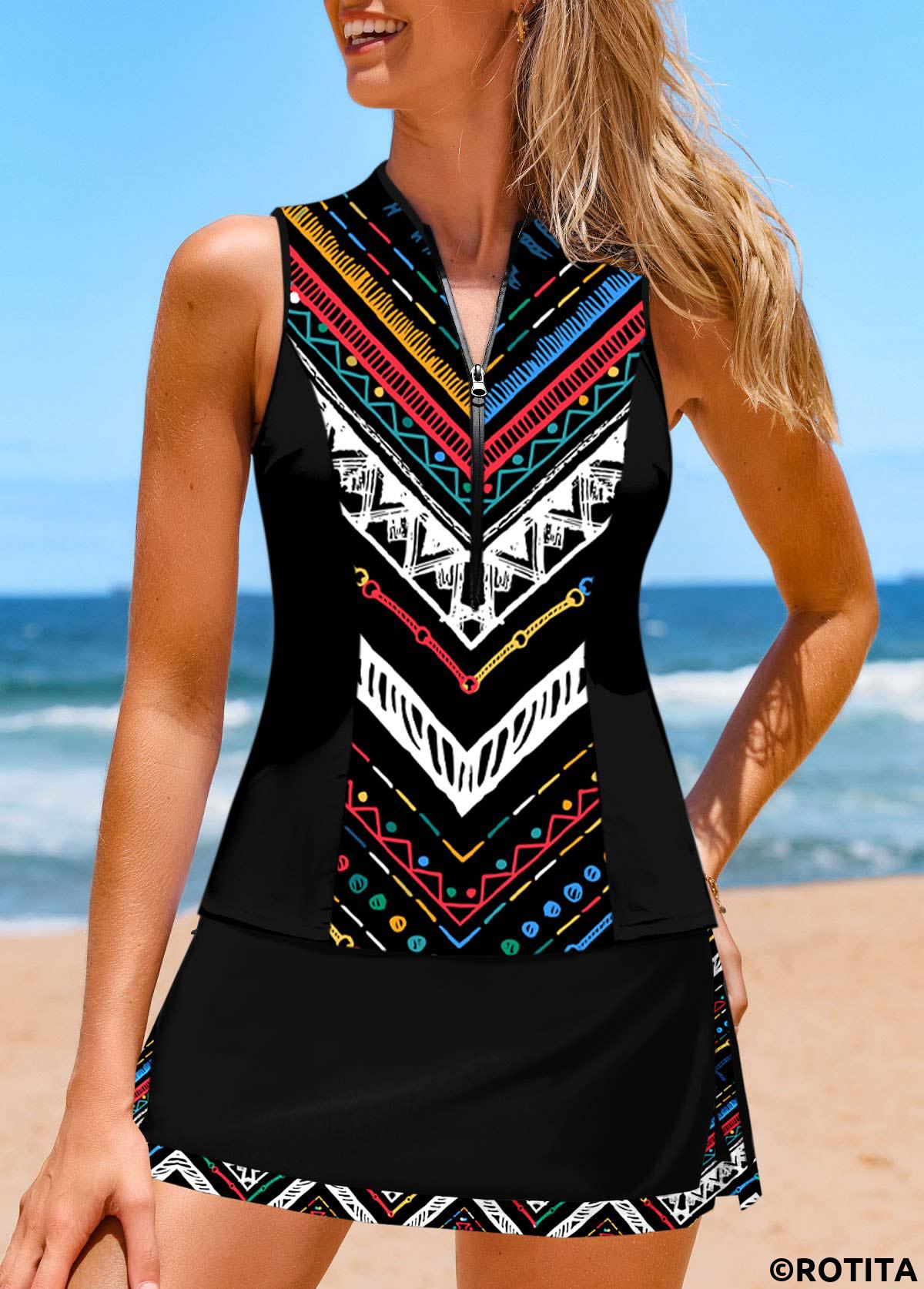 Black swimwear,Geometric swimwear,Striped swimwear,Dot swimwear,Chevron swimwear,ROTITA Contrast Binding Black Geometric Print Tankini Set