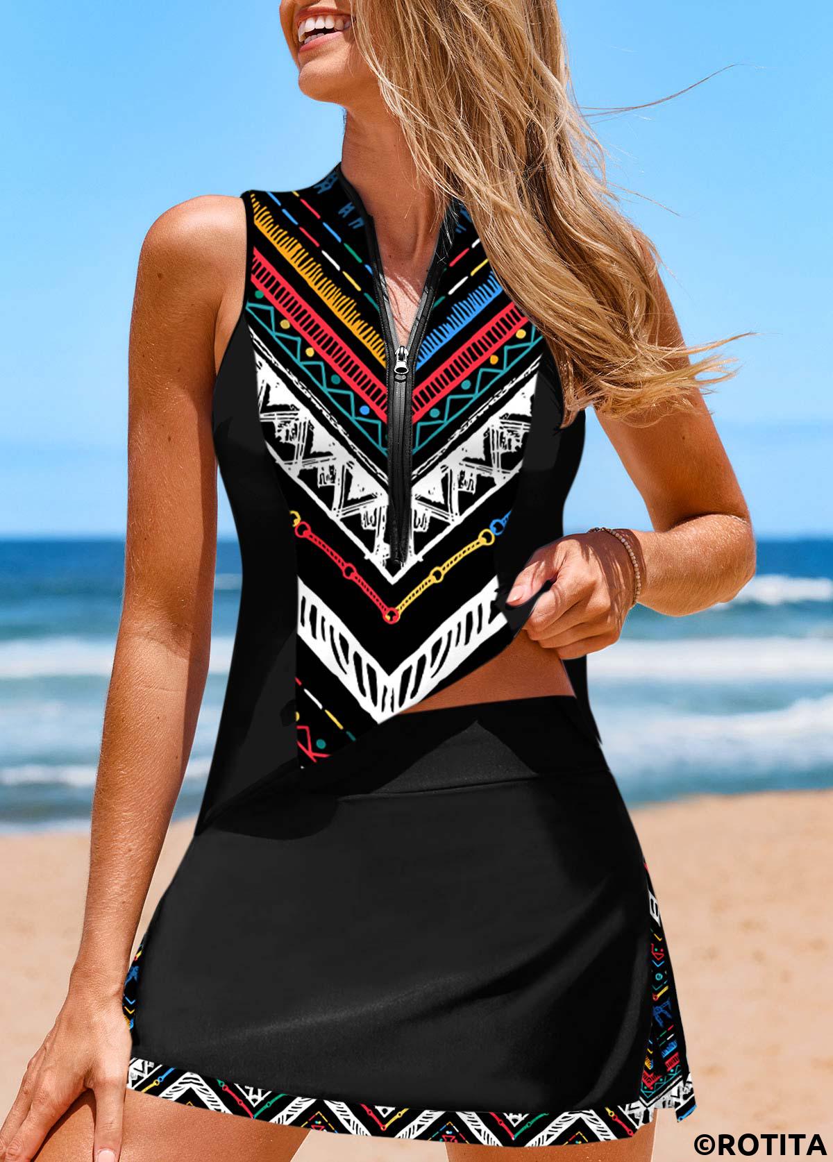 Black swimwear,Geometric swimwear,Striped swimwear,Dot swimwear,Chevron swimwear,ROTITA Contrast Binding Black Geometric Print Tankini Set