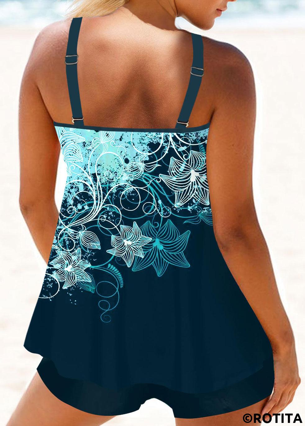 Peacock Blue swimwear,Floral swimwear,ROTITA Peacock Blue Floral Print Tankini Set