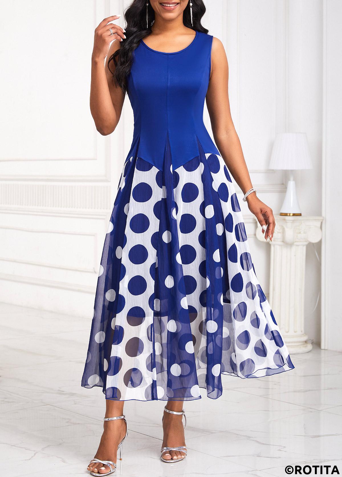 Navy dresses,White dresses,Dot dresses,Geometric dresses,Party dresses,Elegant dresses,ROTITA Insert Polka Dot Navy Round Neck Sleeveless Dress