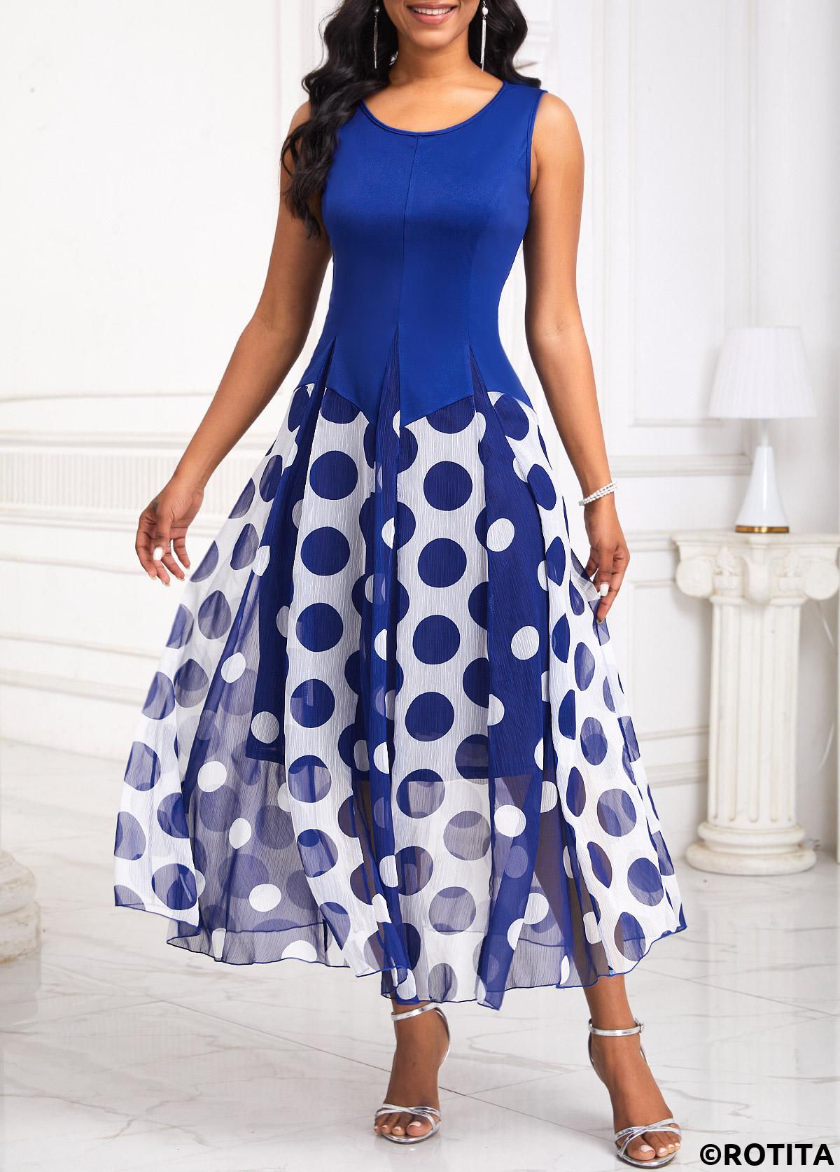 Navy dresses,White dresses,Dot dresses,Geometric dresses,Party dresses,Elegant dresses,ROTITA Insert Polka Dot Navy Round Neck Sleeveless Dress